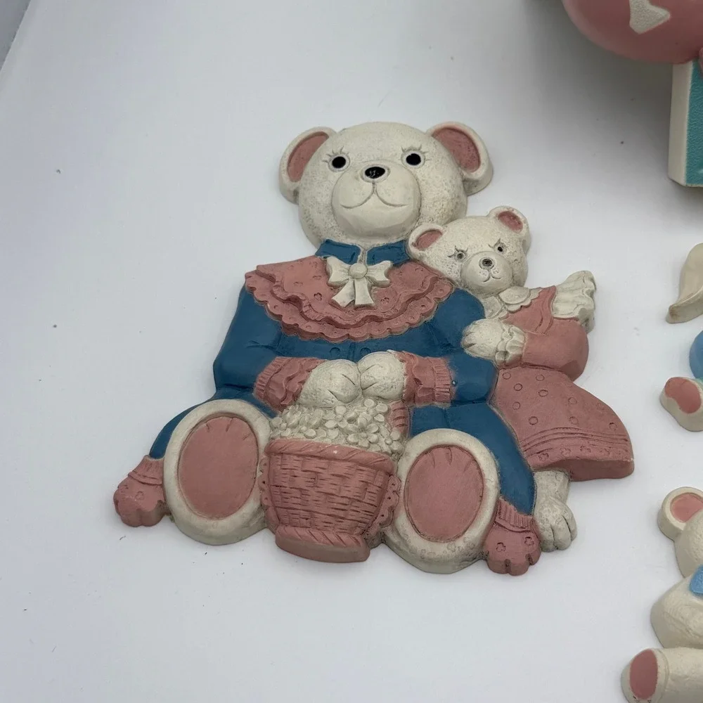 Vintage Nursery Wall Decor Set Teddy Bear Bunny Mirror Shelf Plaques Pastel 6pc